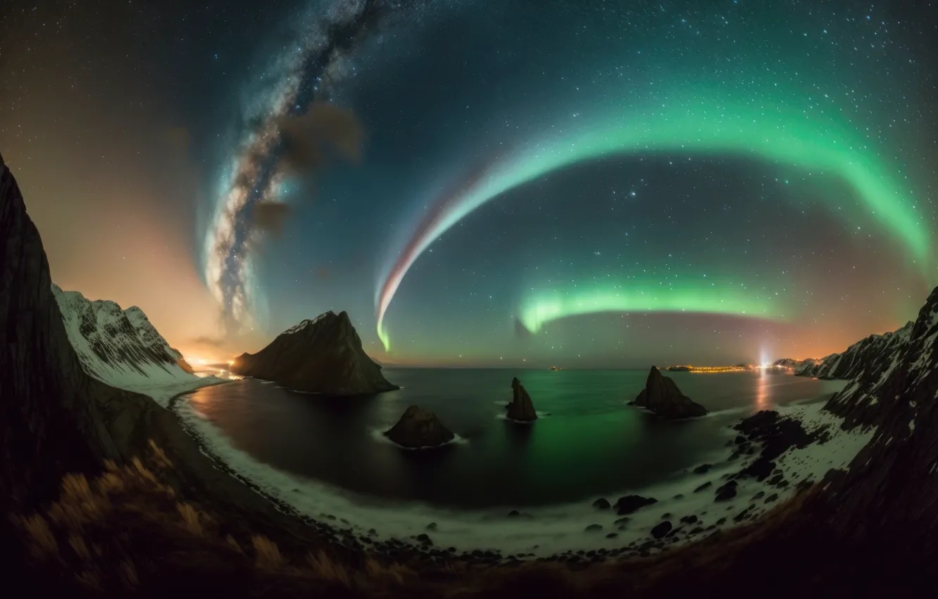 Photo wallpaper landscape, mountains, nature, rendering, Northern lights, art, digital painting, digital art