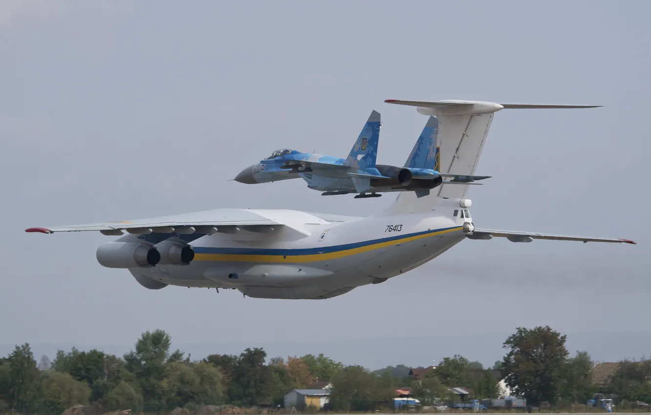 Photo wallpaper the plane, Ukraine, military transport, Su-27, Il-76MD, Ukrainian air force