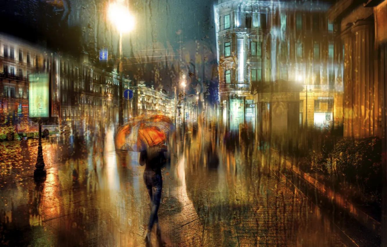 Photo wallpaper girl, drops, umbrella, Saint Petersburg, the rain
