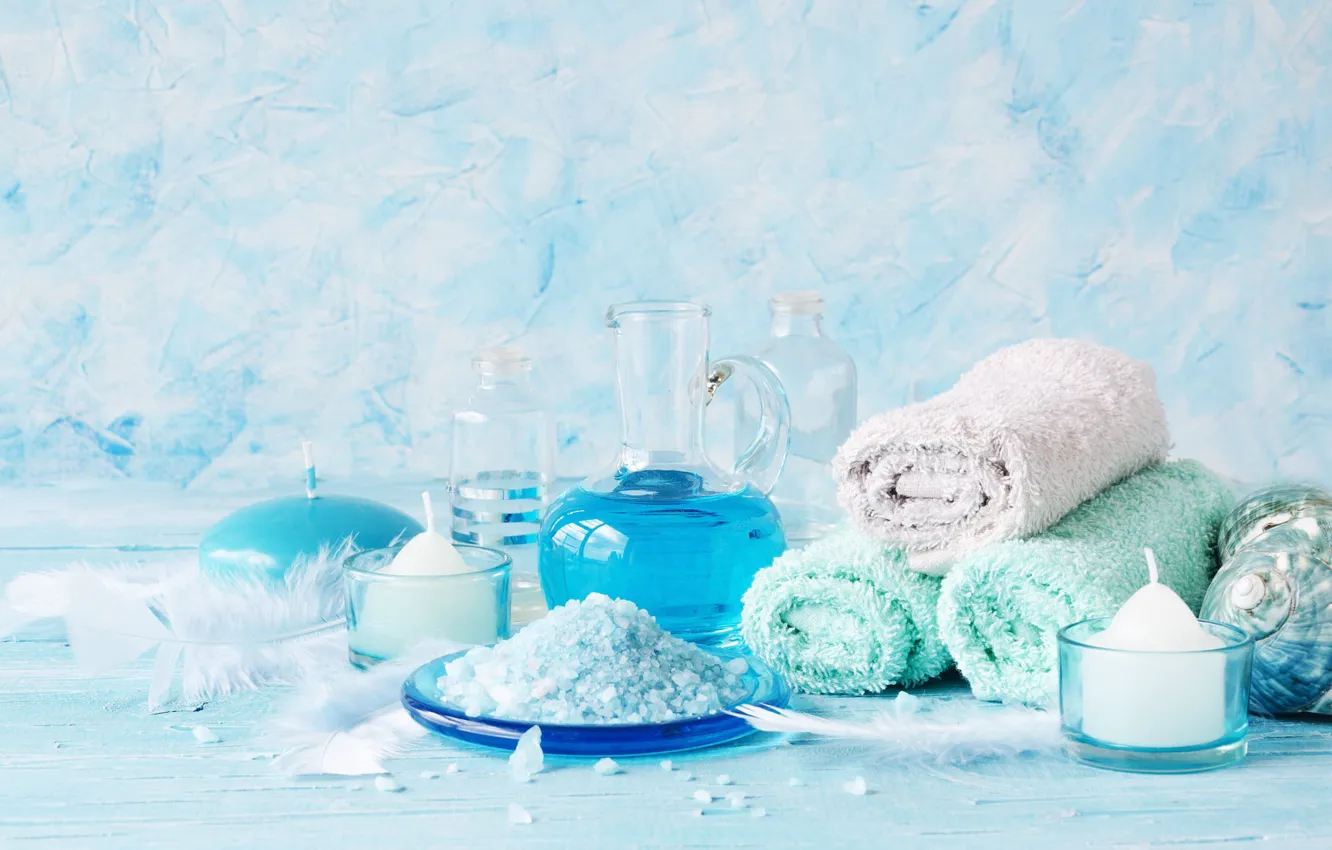 Photo wallpaper glass, style, blue, relax, towel, liquid, candles, feathers