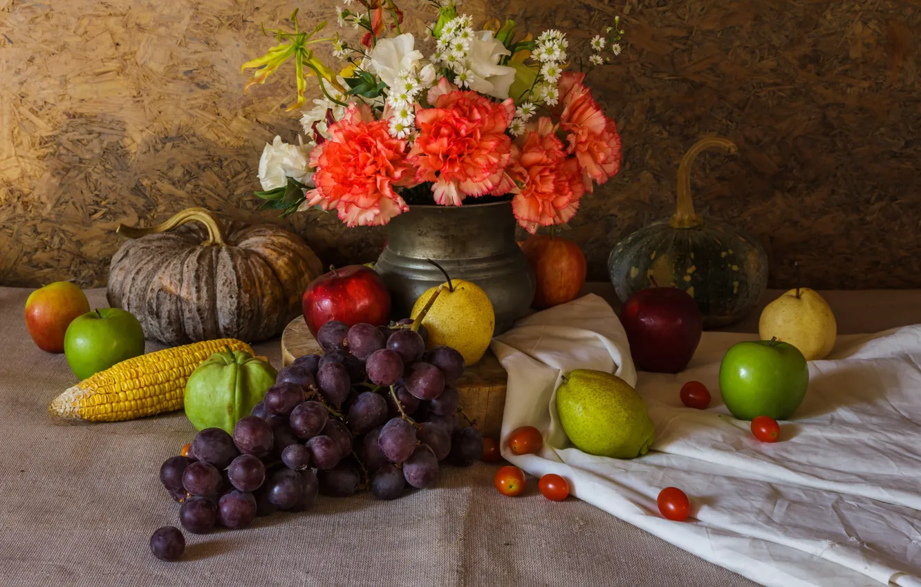 Photo wallpaper flowers, apples, bouquet, grapes, pumpkin, fruit, still life, vegetables