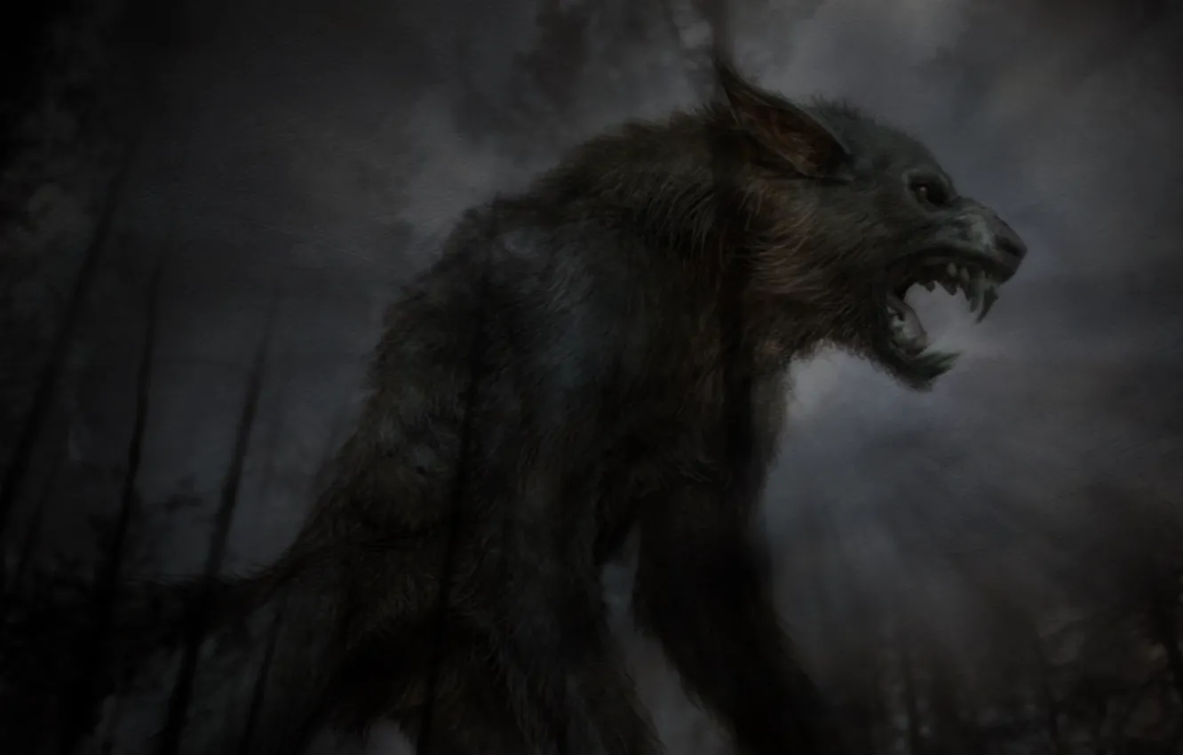 Photo wallpaper night, wolf, monster, predator, mouth, fangs, grin, horror