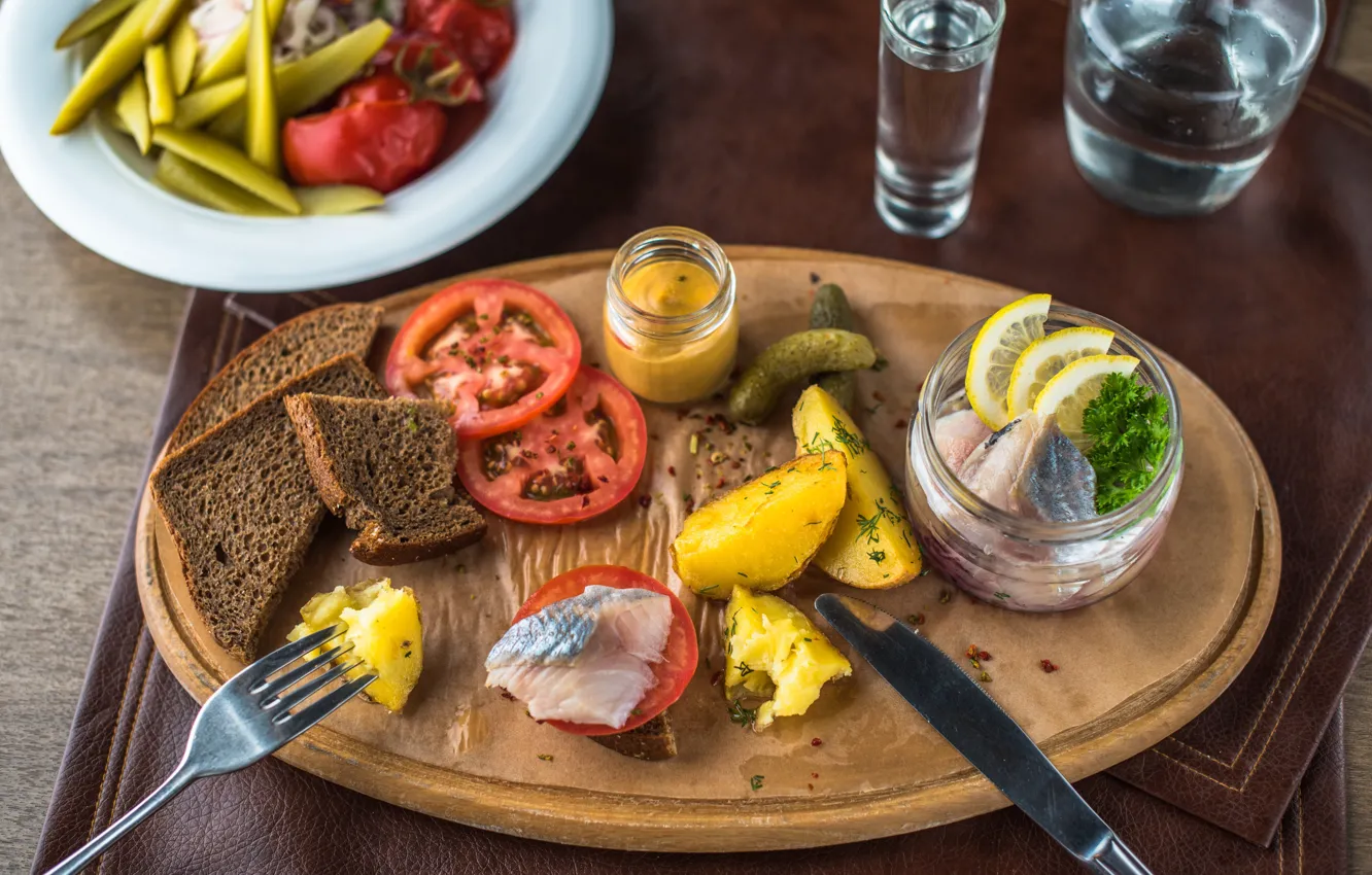 Photo wallpaper bread, tomatoes, appetizer, potatoes, herring, fat