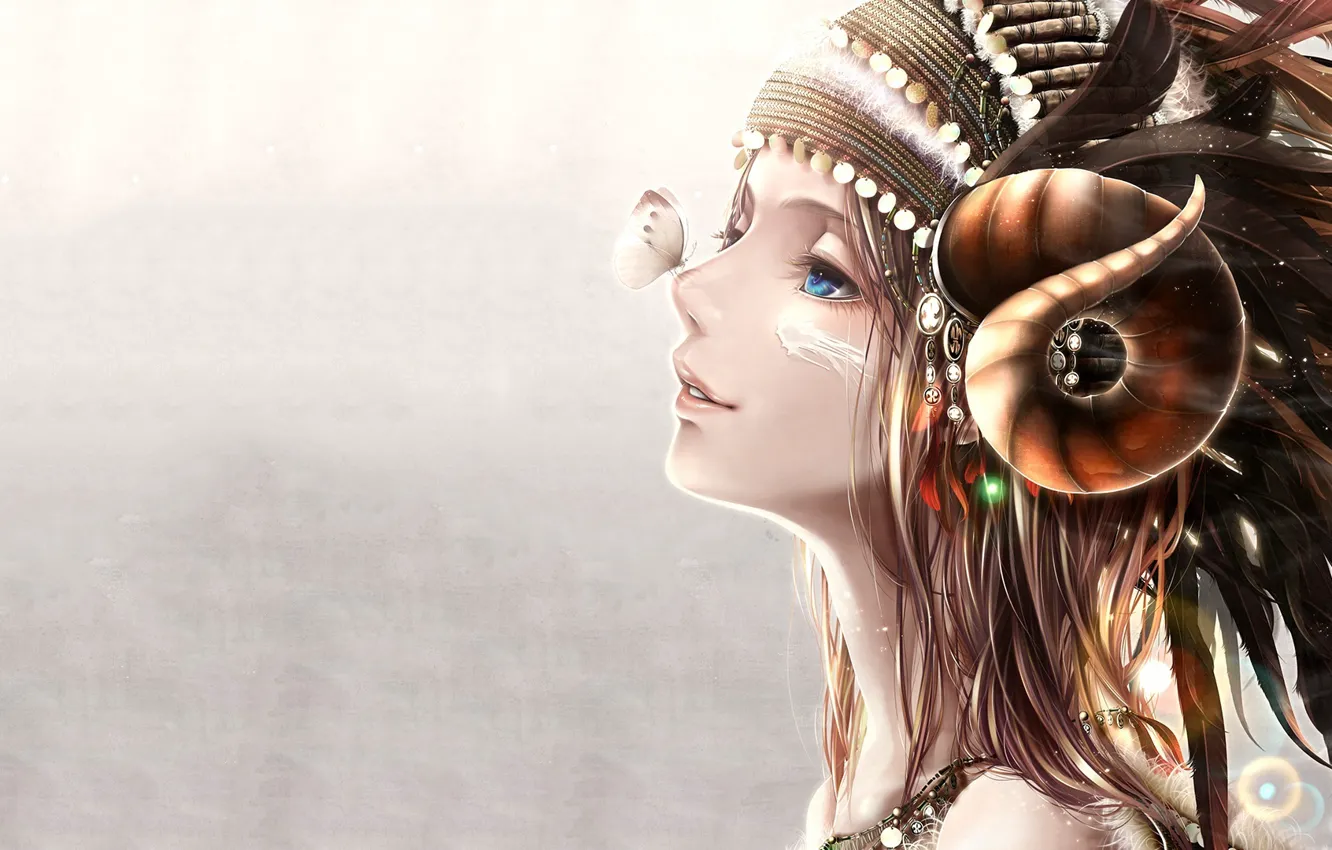 Photo wallpaper girl, butterfly, horns, profile, art, bouno satoshi