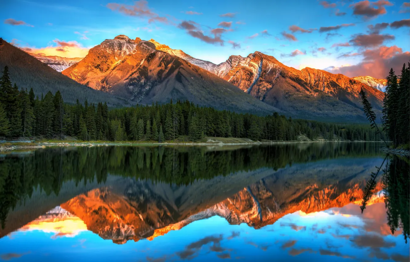 Photo wallpaper forest, landscape, sunset, mountains, lake, reflection, Banff National Park, Alberta