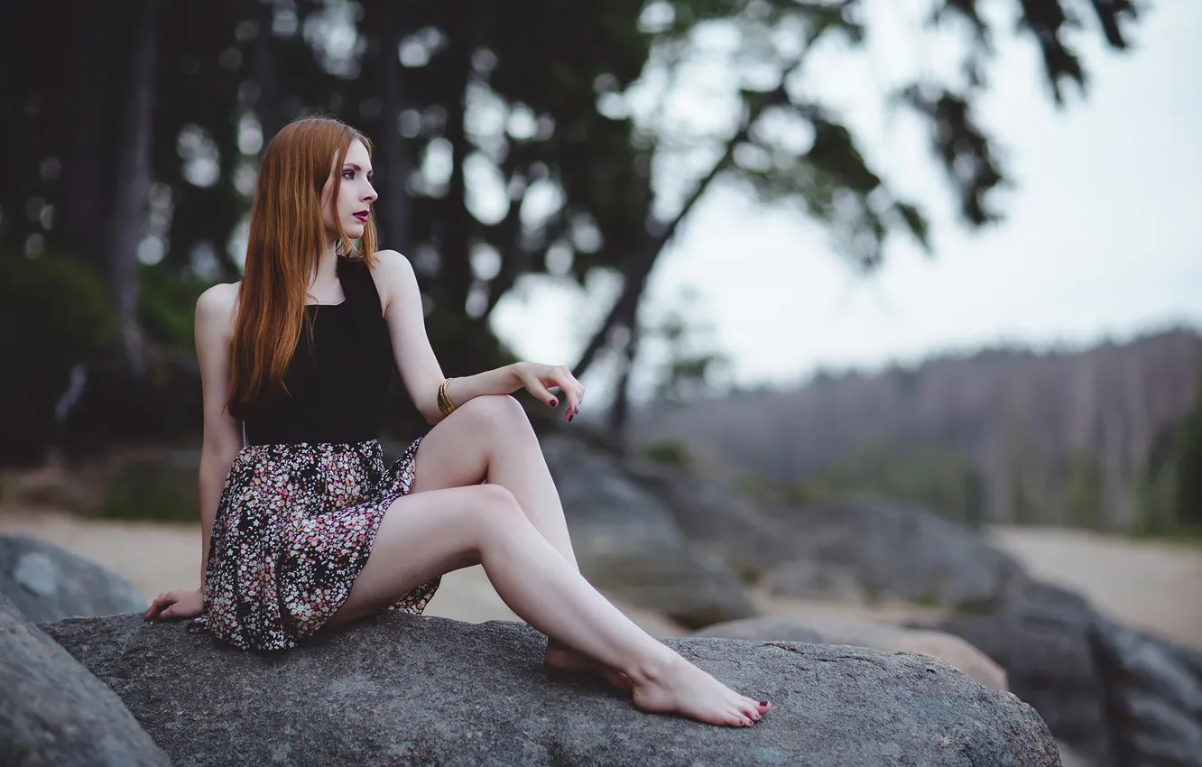 Photo wallpaper stones, skirt, redhead