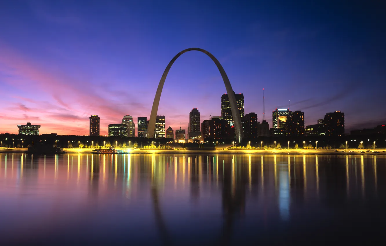 Photo wallpaper night, the city, lights, reflection, USA, St. Louis
