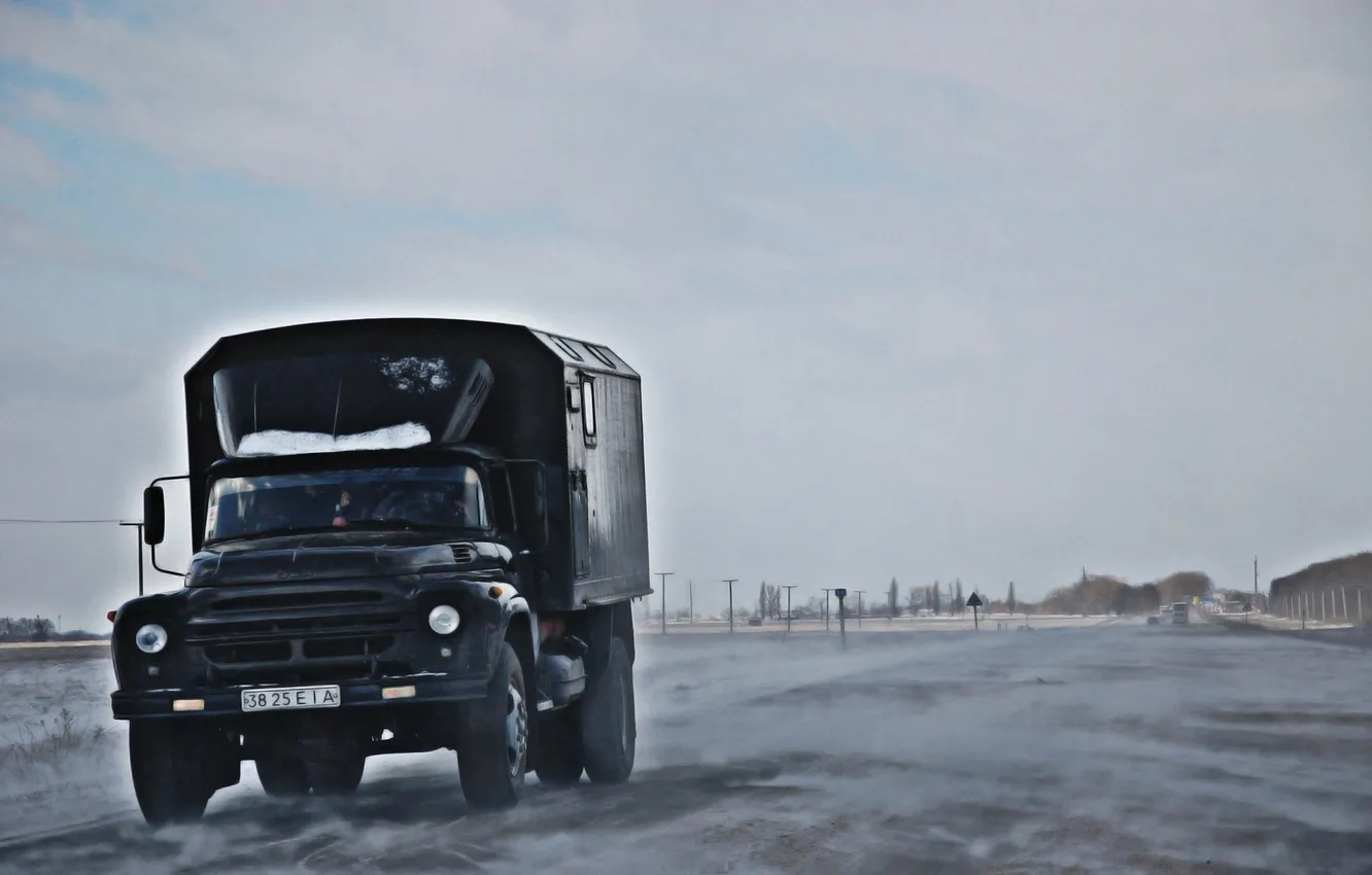 Photo wallpaper winter, road, the sky, truck, ZIL, 130, zil, drifting snow