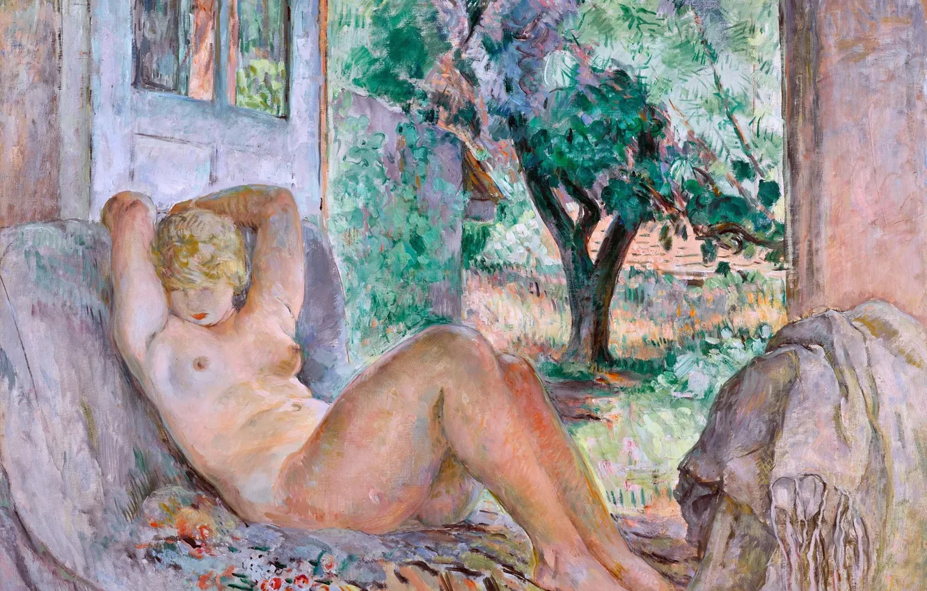 Photo wallpaper Girl, Picture, Bed, Naked, Henri Lebasque, Henri Lebacq, French artist, Marinette