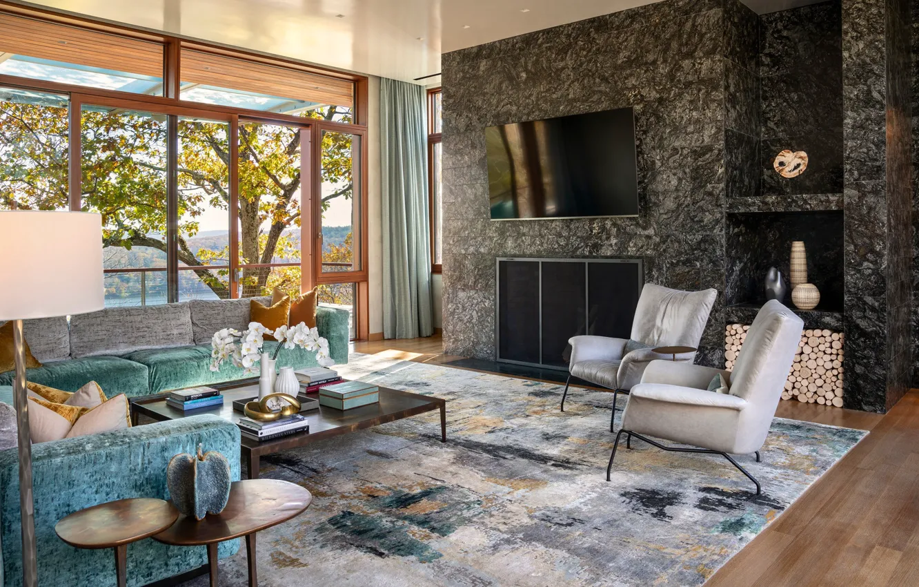 Photo wallpaper design, style, interior, New York, fireplace, New York, living room, Riverview