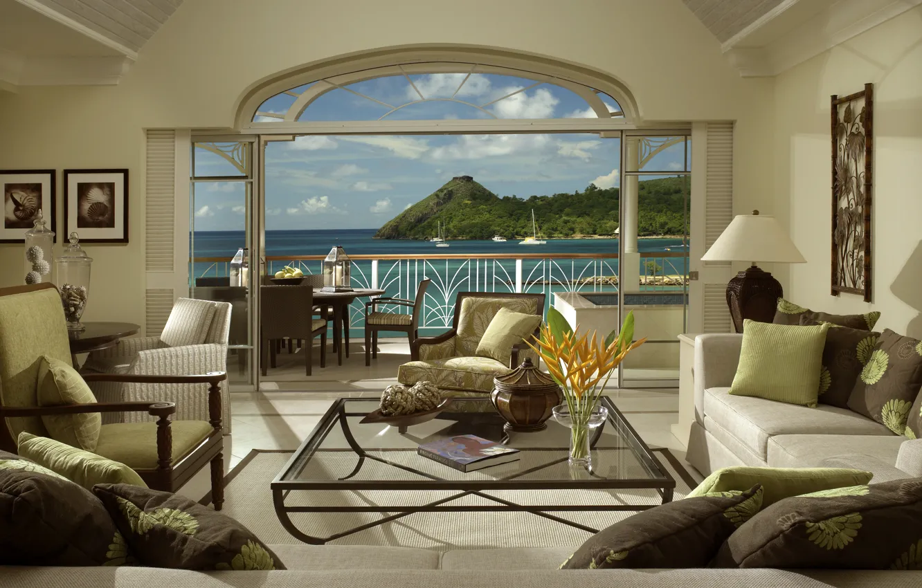 Photo wallpaper sea, flowers, design, house, style, the ocean, furniture, Villa