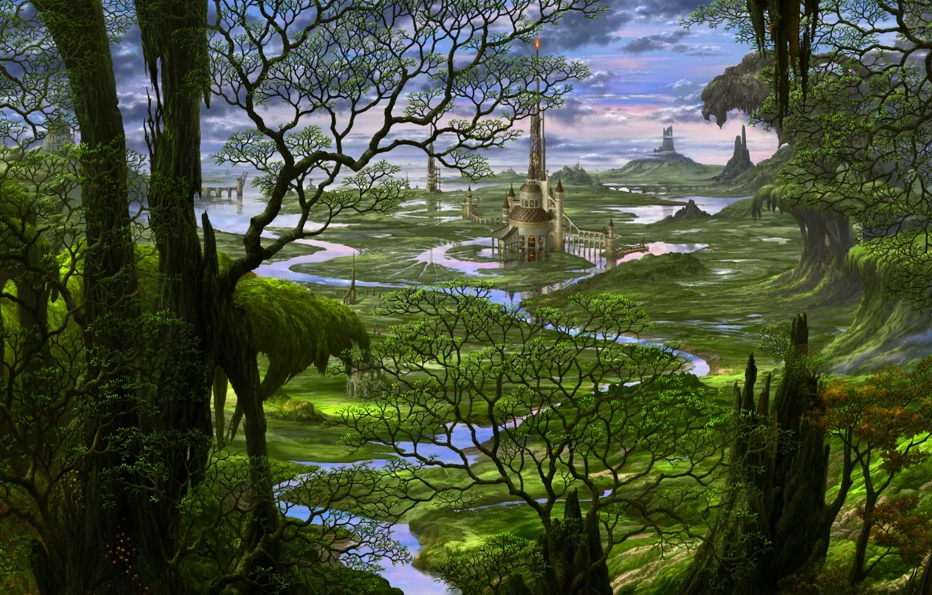Photo wallpaper forest, trees, river, castle, tale, Japan, fantasy, art
