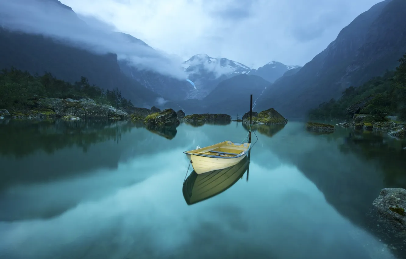 Photo wallpaper mountains, lake, stones, boat, morning