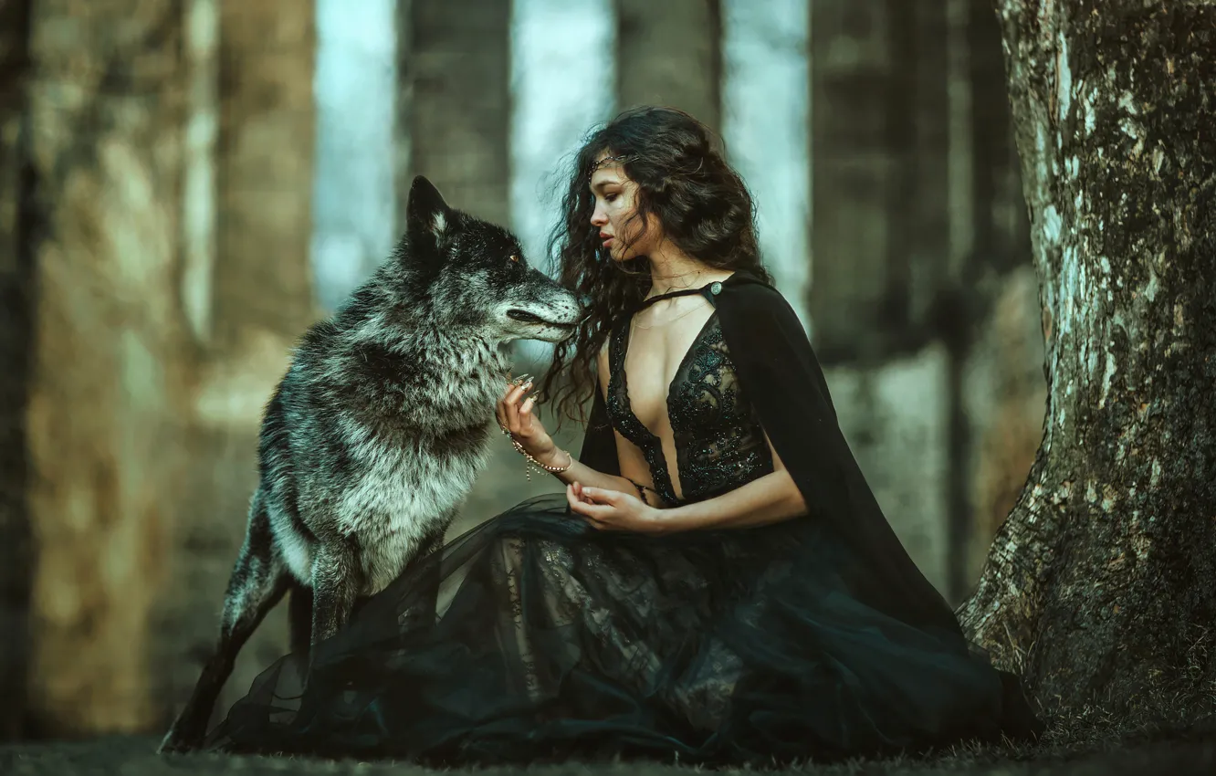Photo wallpaper forest, chest, look, girl, decoration, trees, pose, style