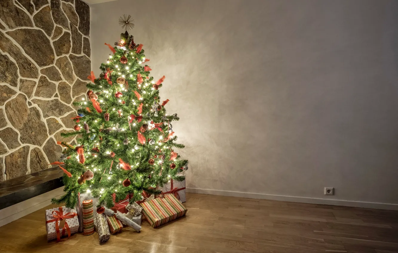 Photo wallpaper decoration, tree, candles, New Year, Christmas, gifts, Christmas, Xmas