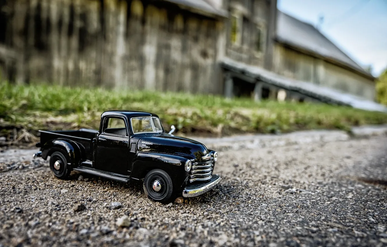 Photo wallpaper road, auto, toy, gravel, pickup, miniature, model