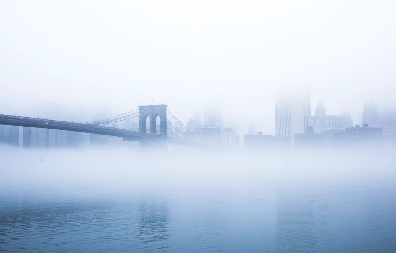 Photo wallpaper bridge, city, the city, fog, New York, Brooklyn, USA, USA