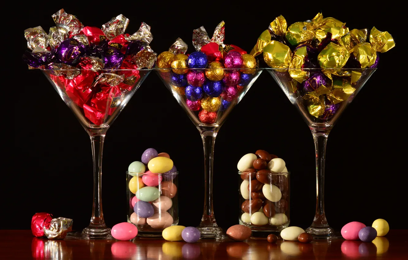 Photo wallpaper food, glasses, candy, black background, still life, a lot, composition