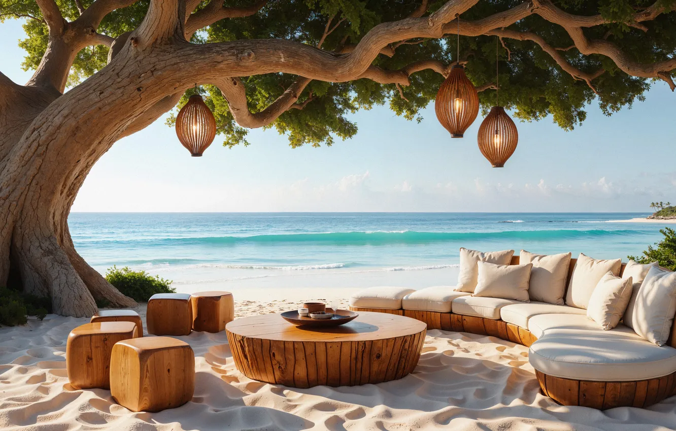 Photo wallpaper sand, sea, wave, beach, summer, the sky, trees, sofa