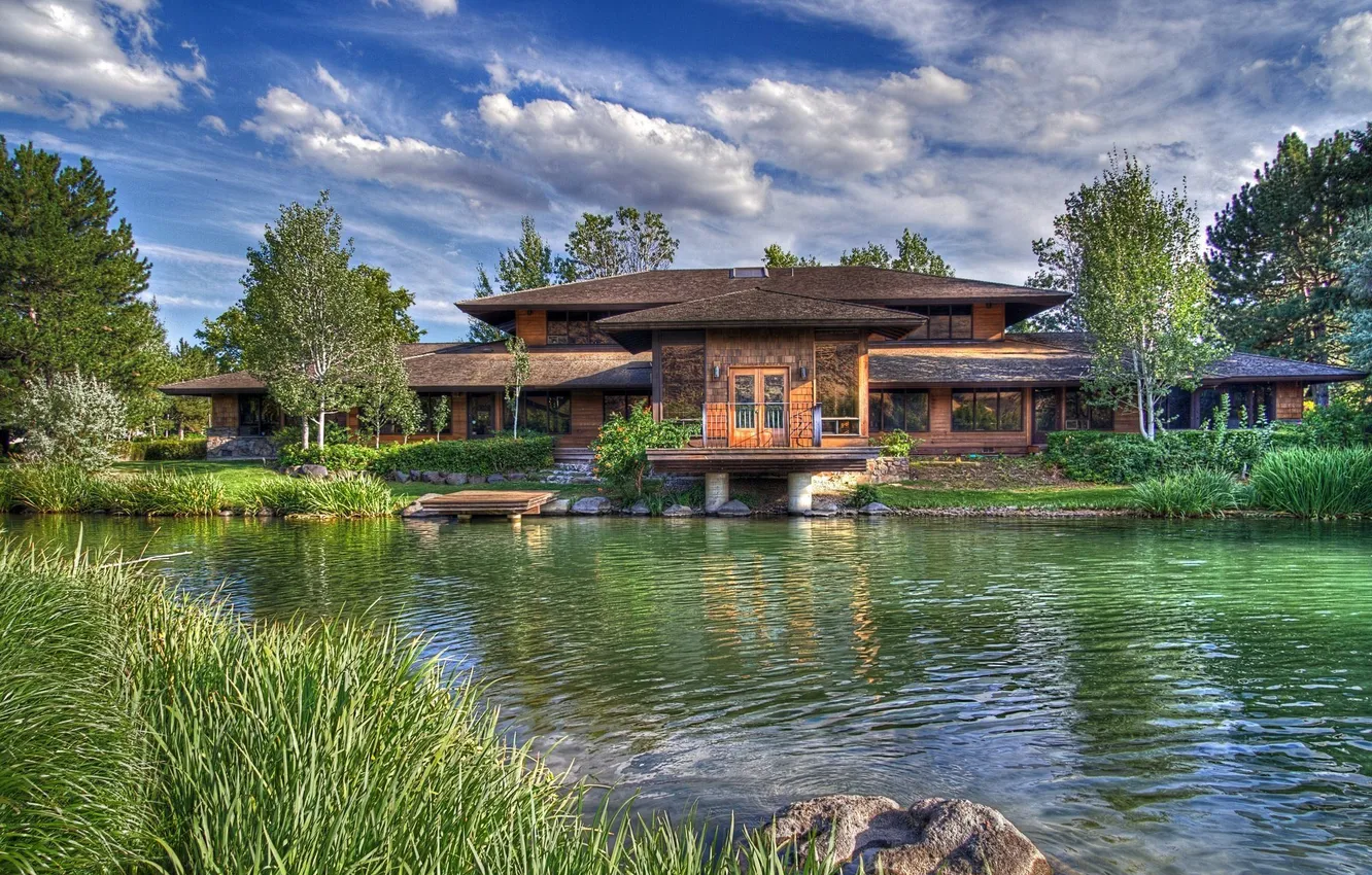 Photo wallpaper forest, the sky, grass, clouds, trees, landscape, nature, lake