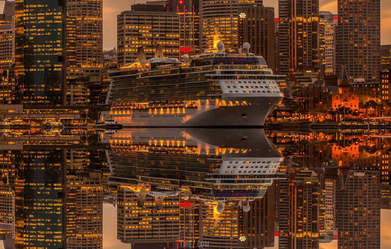 Photo wallpaper the city, reflection, ship, the evening, cruise liner, Of Sidney, home. lights