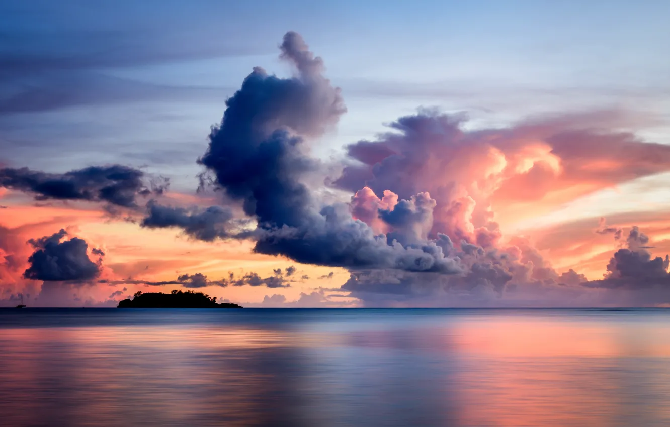 Photo wallpaper sea, sunset, clouds, island, yacht