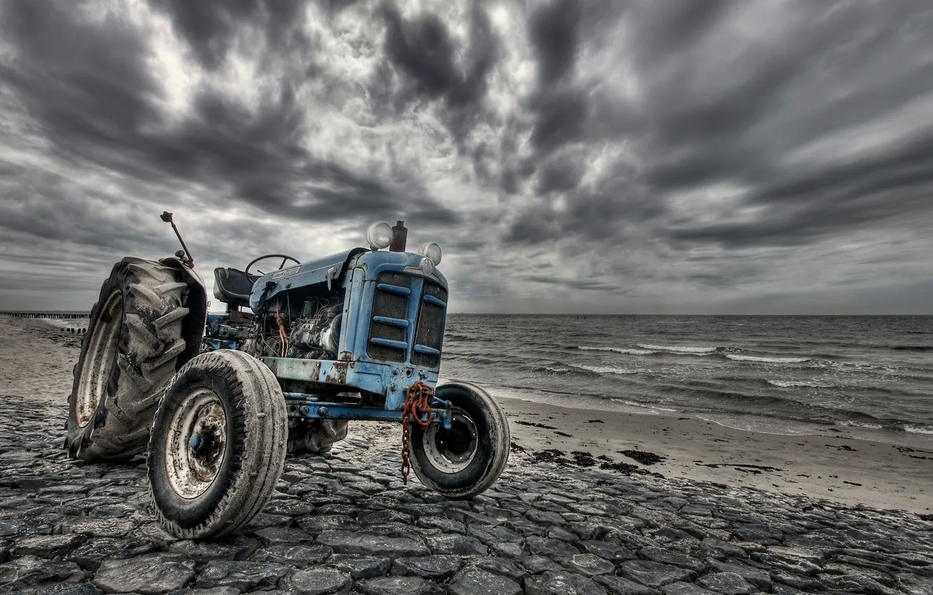 Photo wallpaper clouds, shore, tractor