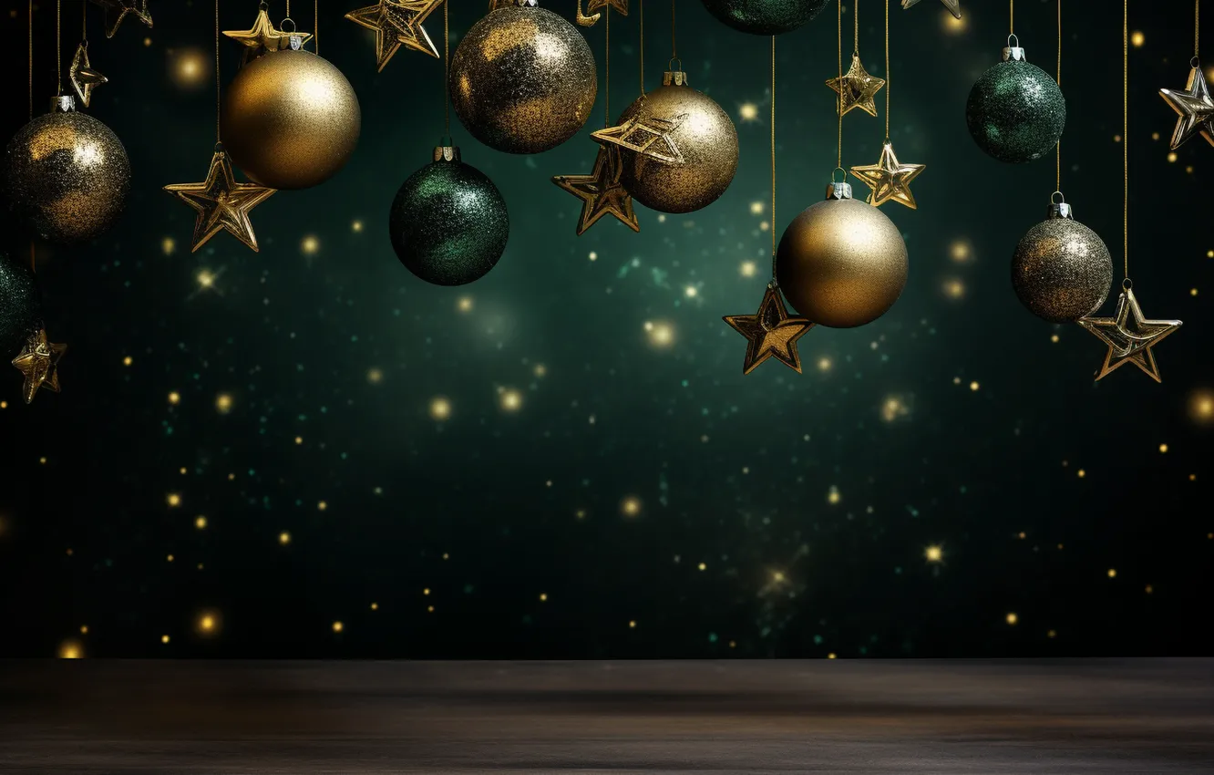 Photo wallpaper decoration, the dark background, gold, green, balls, new year, Christmas, golden