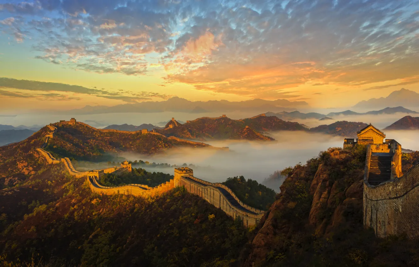 Photo wallpaper mountains, wall, dawn, China, architecture, history, The great wall of China