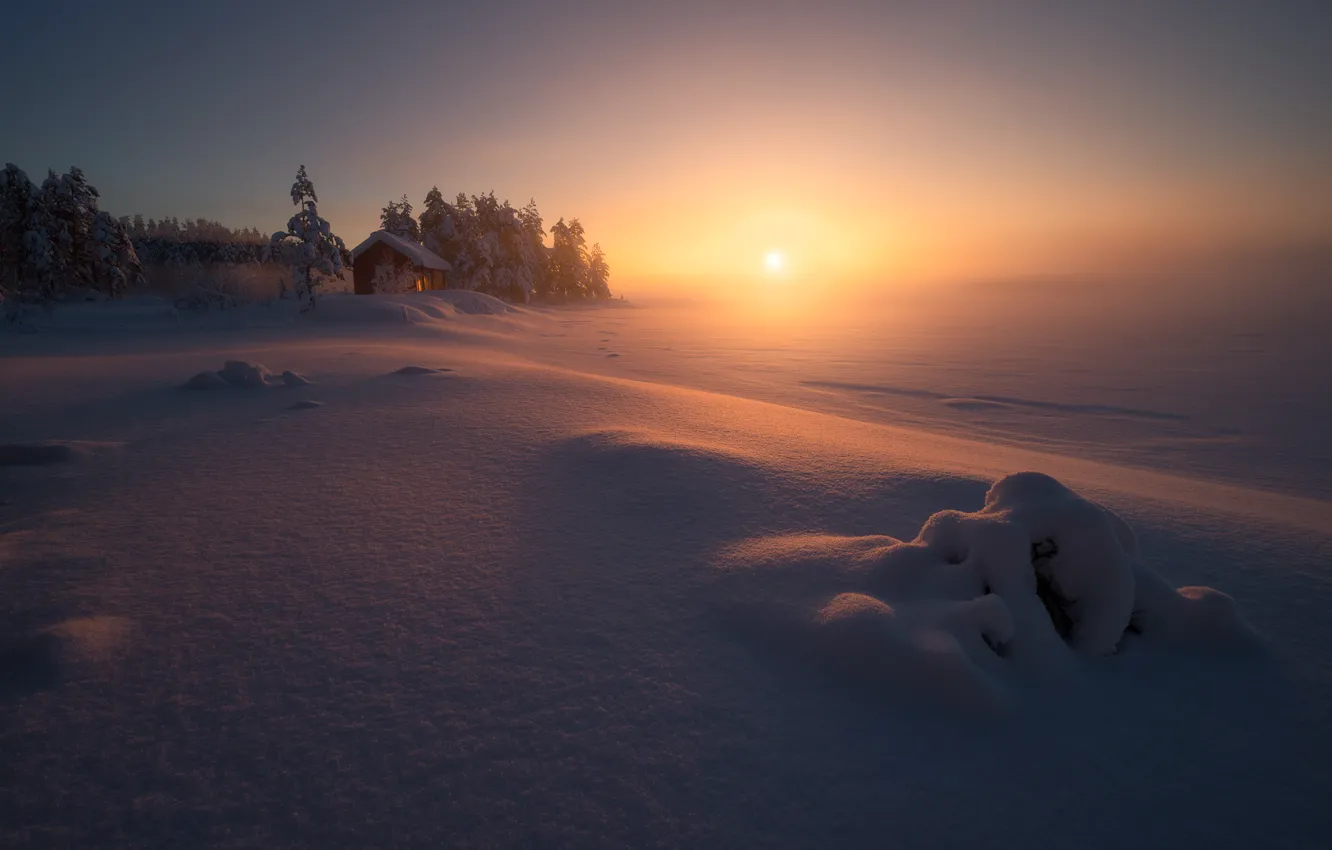 Photo wallpaper winter, sunset, fog, home, Norway