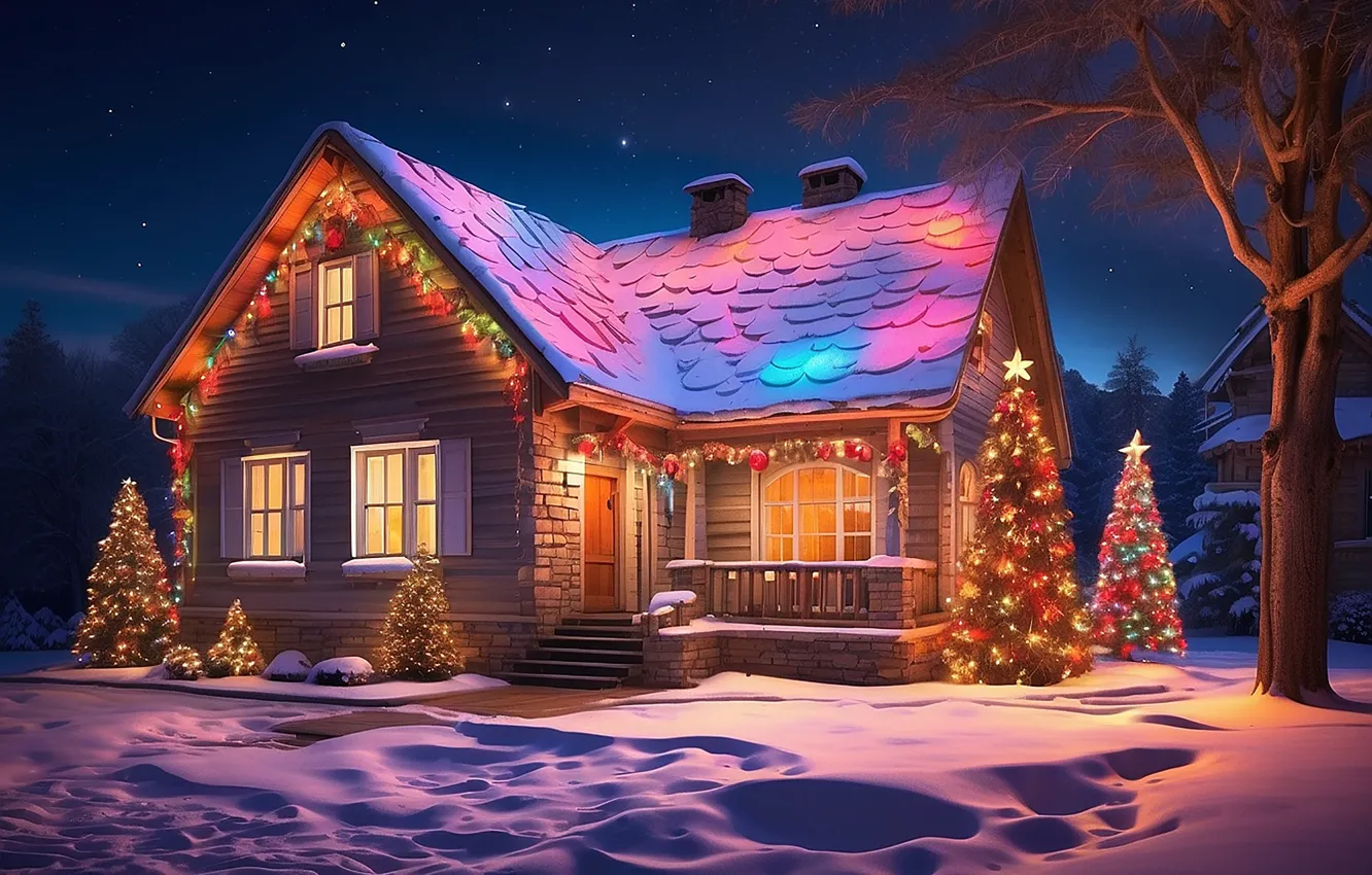 Photo wallpaper winter, snow, decoration, night, lights, tree, new year, home