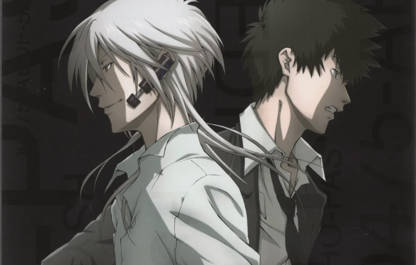 Photo wallpaper anger, tie, two, grin, opponents, white shirt, psycho-pass, psycho-passport