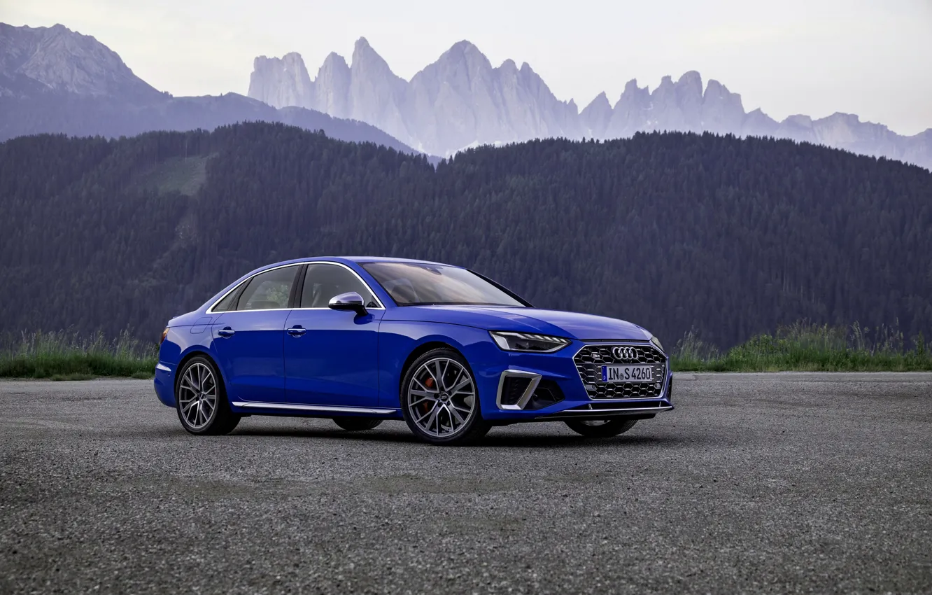 Photo wallpaper blue, Audi, sedan, Audi A4, Audi S4, 2019, mountains in the background
