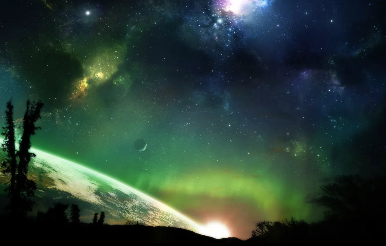 Photo wallpaper stars, the universe, planet, Aurora Borealis