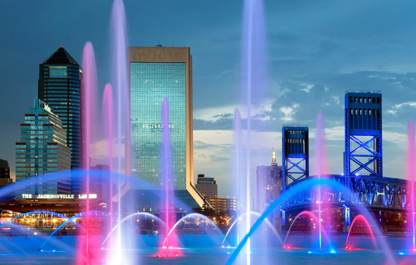 Photo wallpaper lights, home, the evening, FL, fountain, USA, Jacksonville