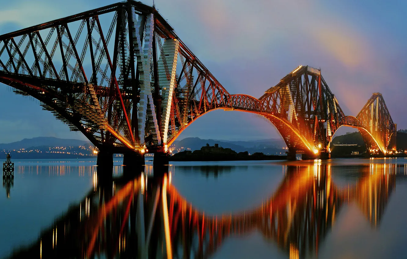 Photo wallpaper bridge, the city, reflection, river, backlight, twilight