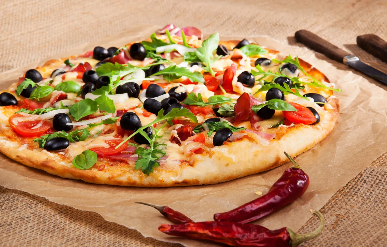 Photo wallpaper food, cheese, pepper, vegetables, pizza, tomatoes, olives, ham
