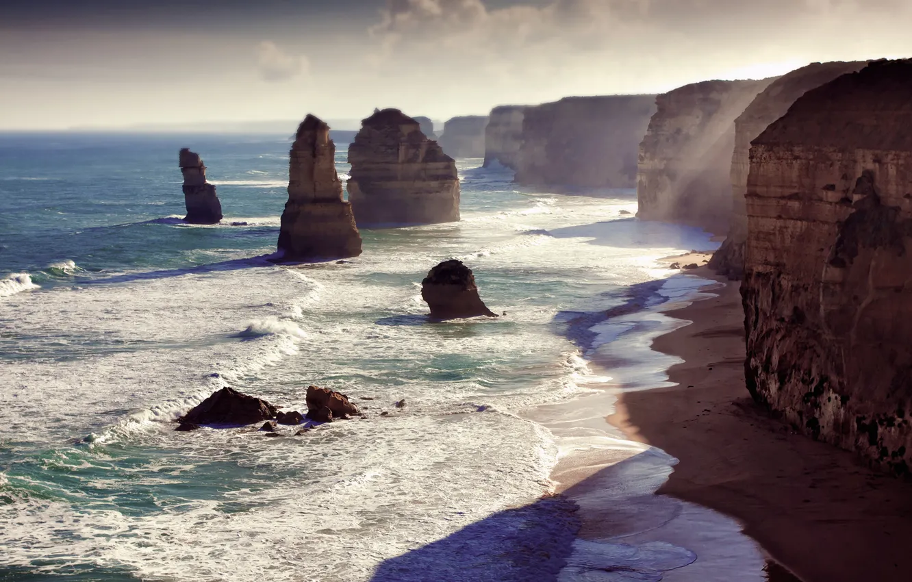 Photo wallpaper sea, wave, clouds, light, rocks, shadow, morning