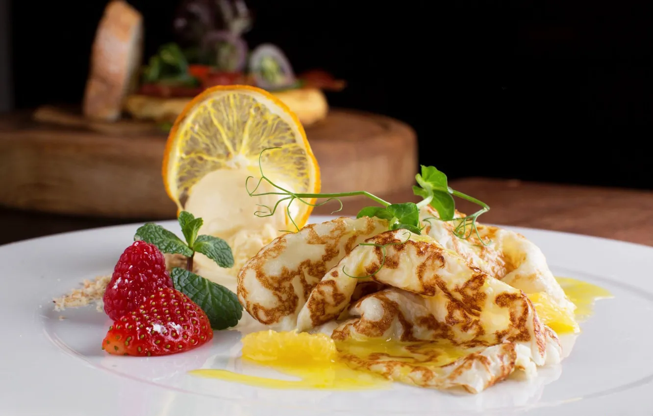 Photo wallpaper berries, lemon, strawberry, pancakes