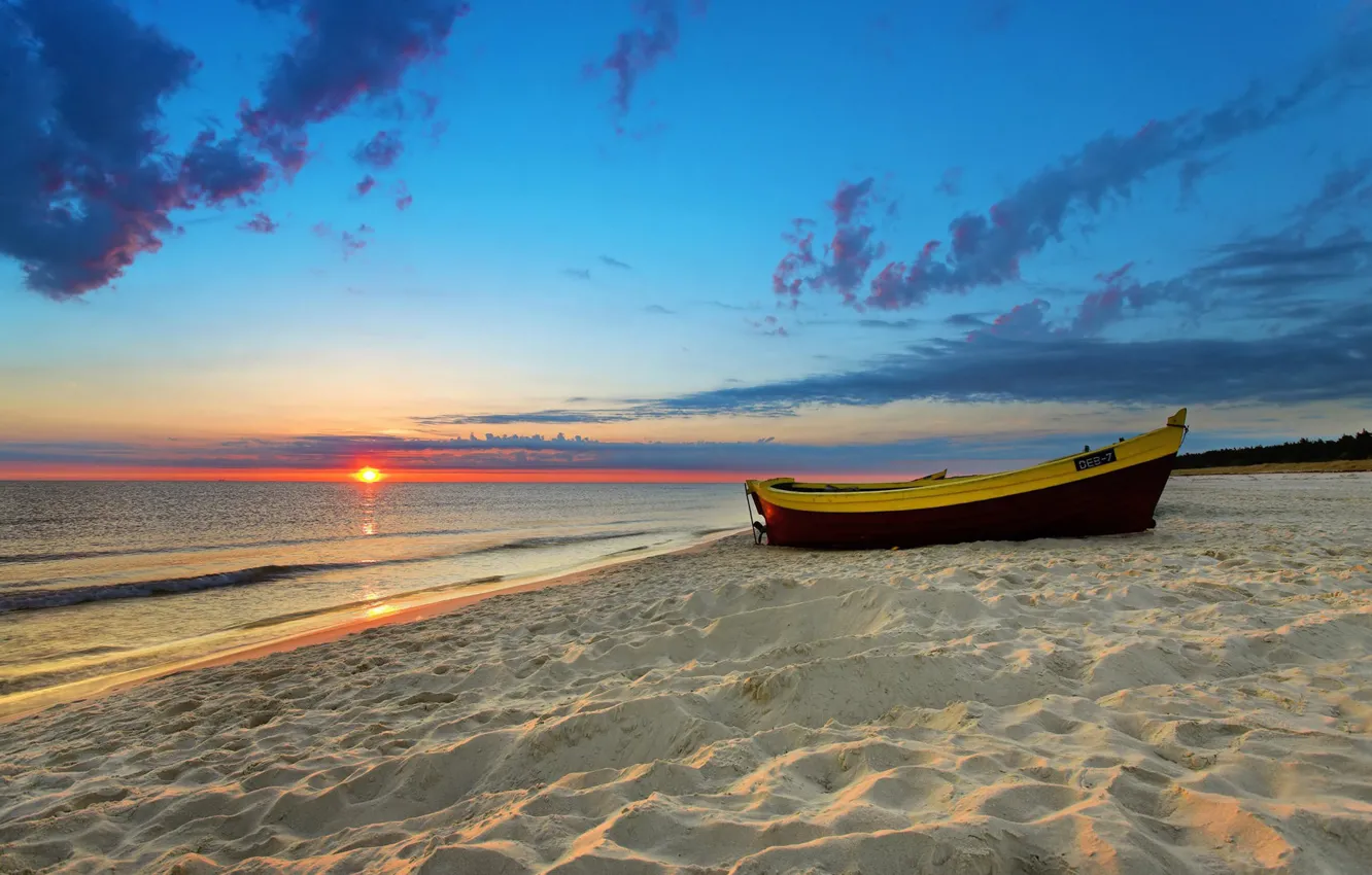 Photo wallpaper Beach, Sunset, Sands, Boat
