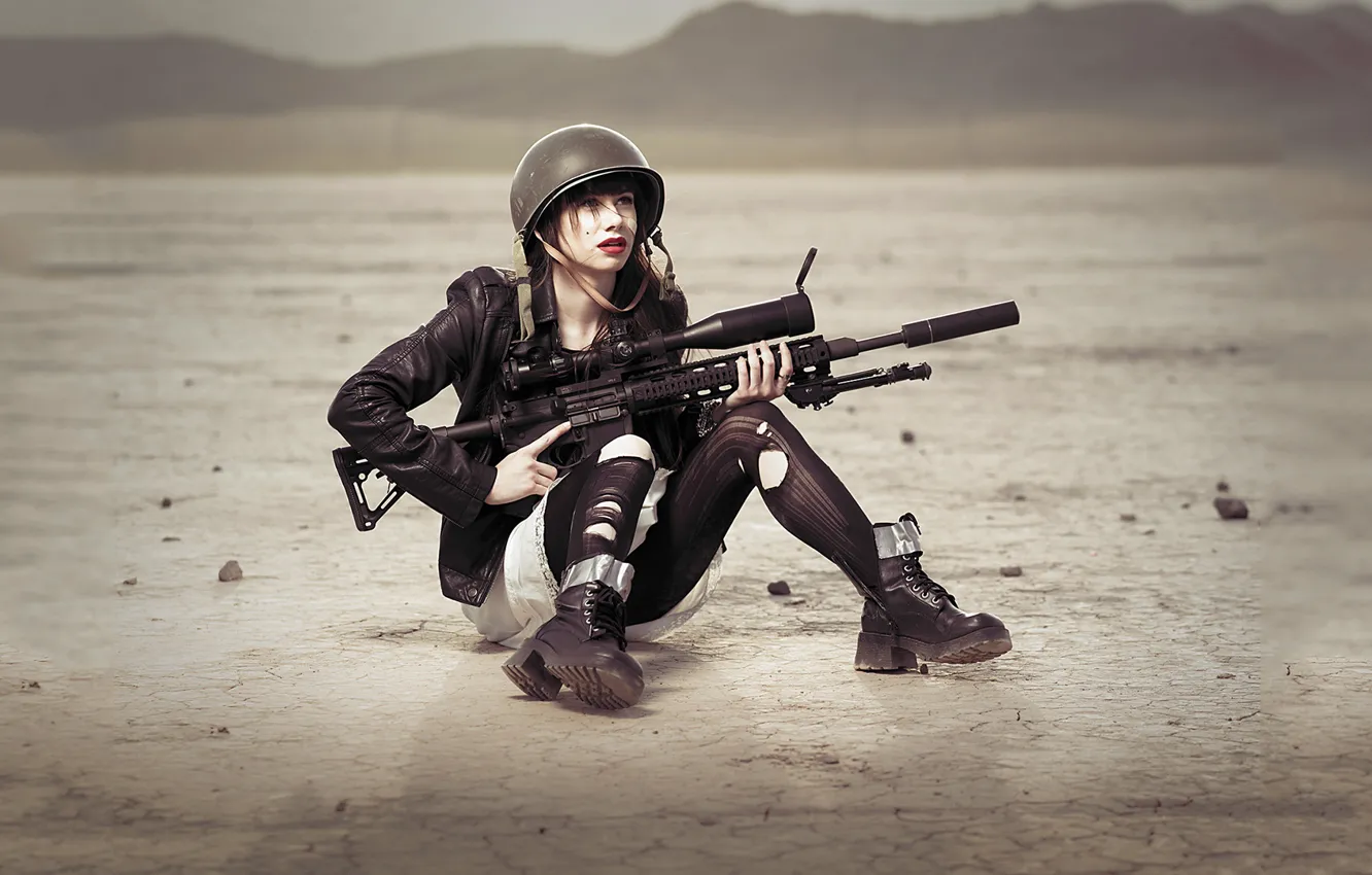 Photo wallpaper field, girl, weapons, stockings, brunette, sniper, sight, helmet