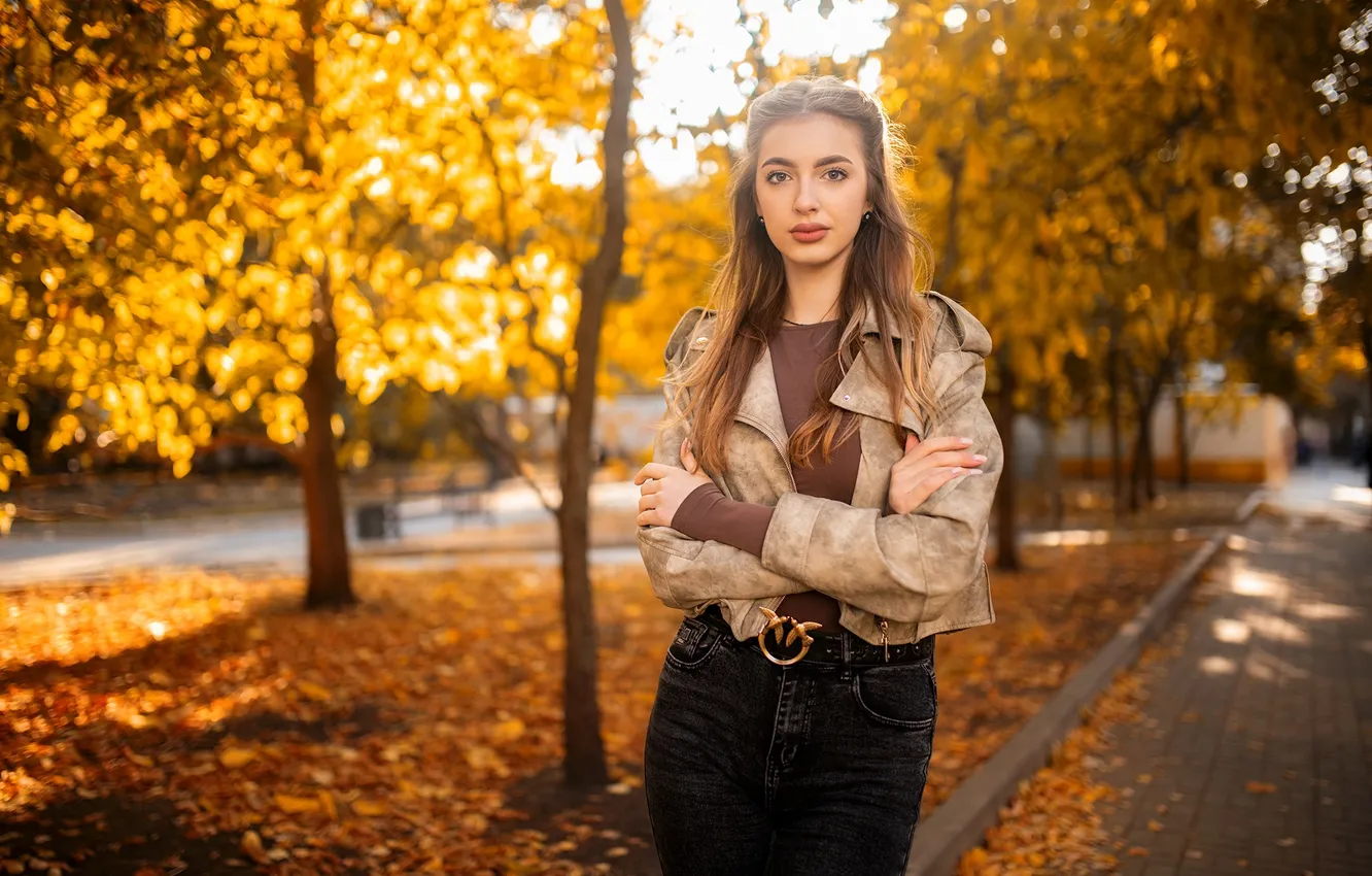 Photo wallpaper autumn, look, trees, jeans, hands, jacket, girl. pose, Dmitry Shulgin