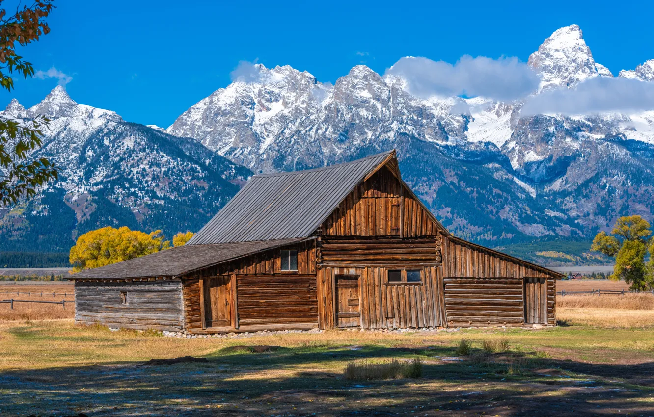 Photo wallpaper field, mountains, home, wooden, Grand Teton