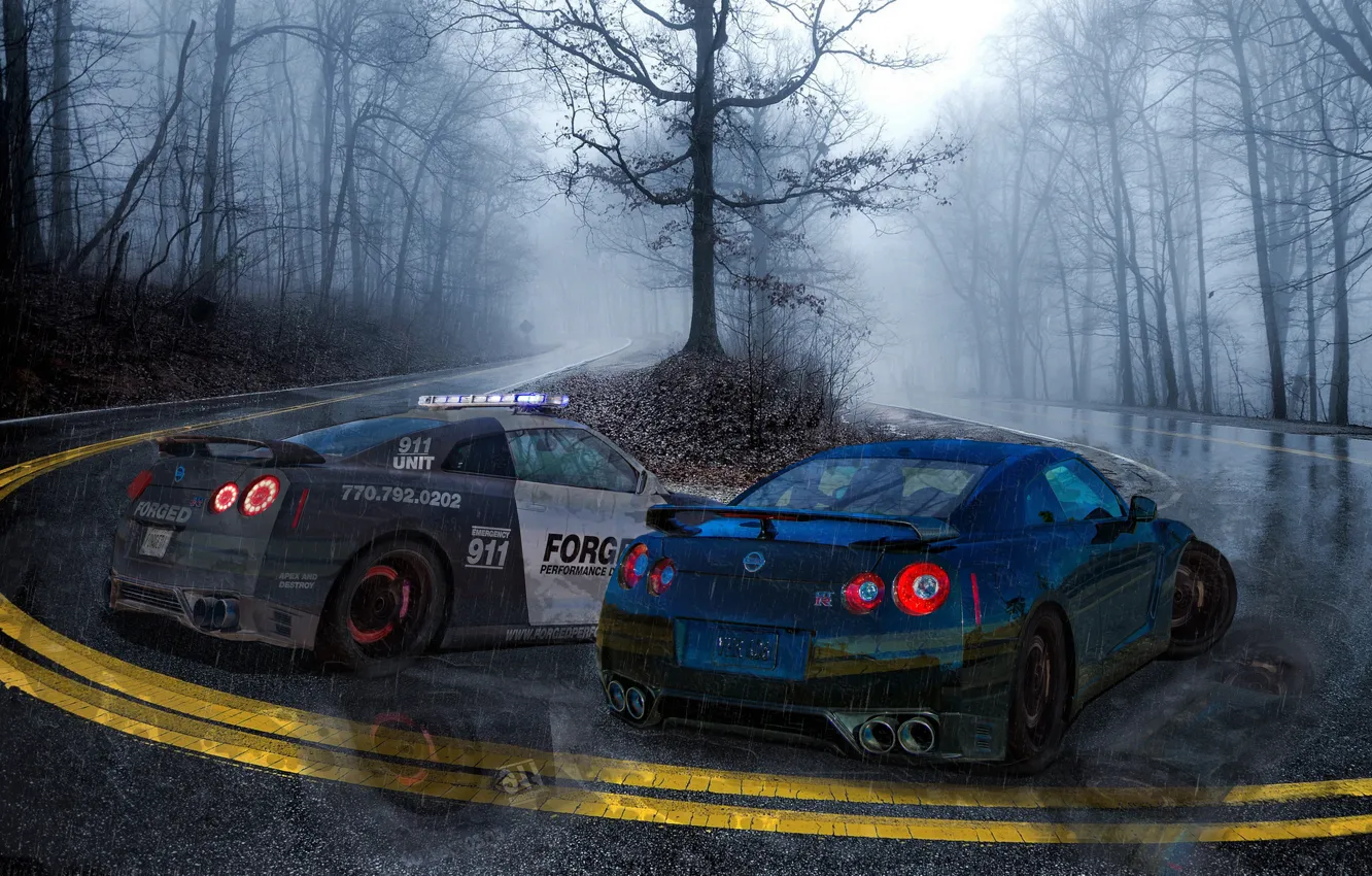 Photo wallpaper rain, police, Hot Pursuit, Nissan GT-R