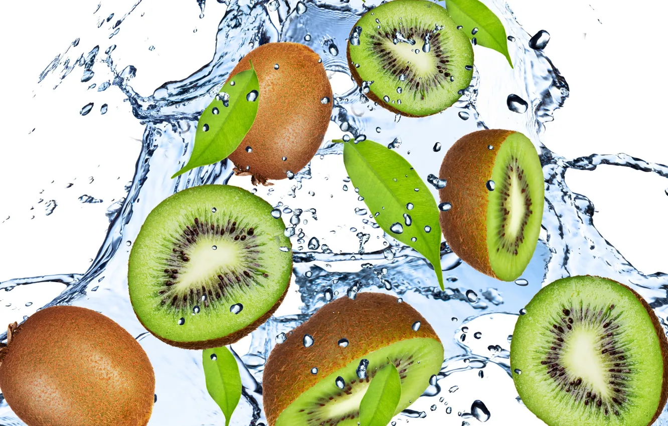 Photo wallpaper water, drops, squirt, freshness, green, kiwi, fruit, green