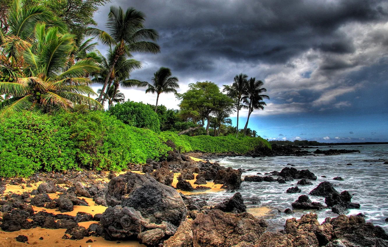 Photo wallpaper sea, the sky, clouds, stones, rocks, hdr, USA, Maui