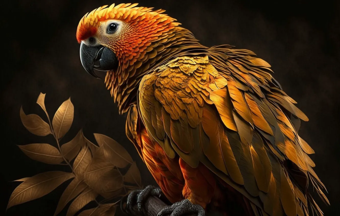 Photo wallpaper leaves, branches, yellow, bird, graphics, feathers, art, parrot
