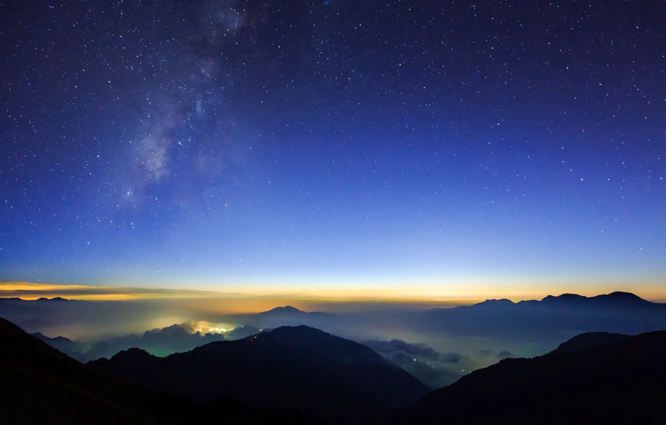 Photo wallpaper stars, clouds, night, the city, lights, hills, view, height