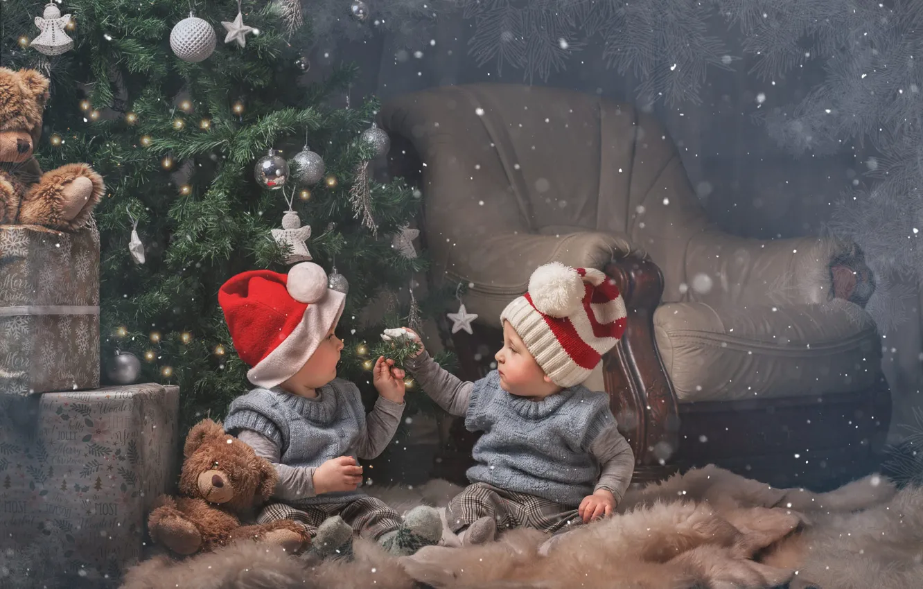 Photo wallpaper balls, snow, children, room, box, gift, toy, new year