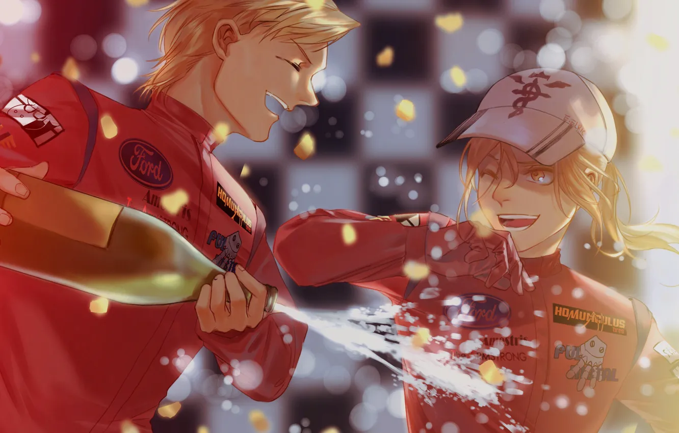 Photo wallpaper foam, victory, sport, bottle, guy, champagne